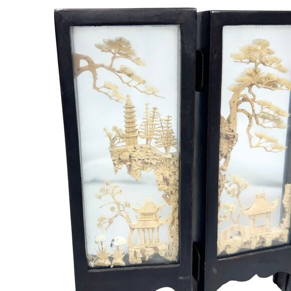 Vintage Asian Carved Cork Diorama Black Lacquer 4 Panel Mini Folding Screen - Picture 5 of 16